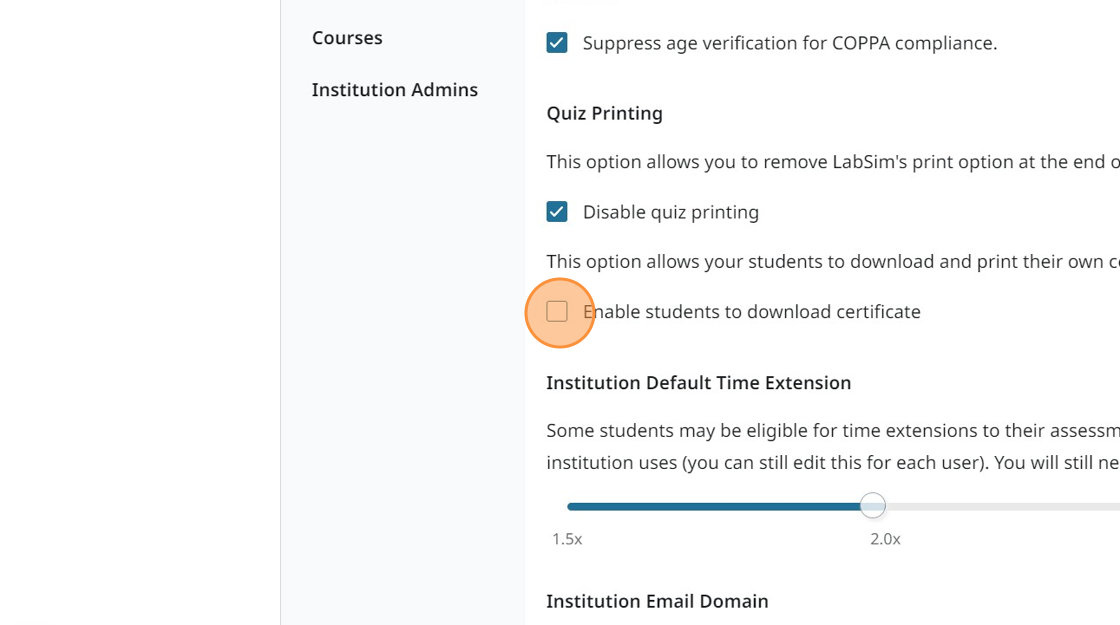Screenshot showing Enable students to download certificate.
