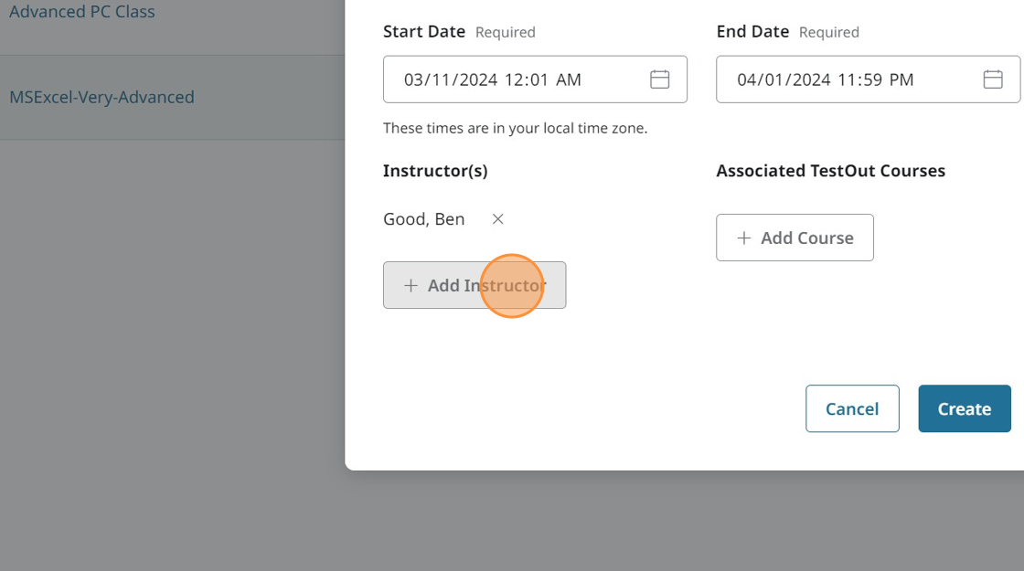 Screenshot showing select instructor.