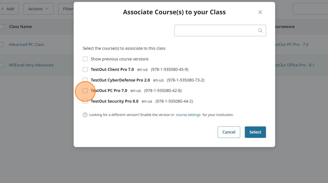 Screenshot showing course selection options.
Screenshot showing course selection options.
