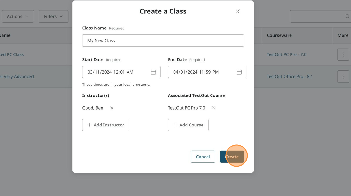 Screenshot showing create button.