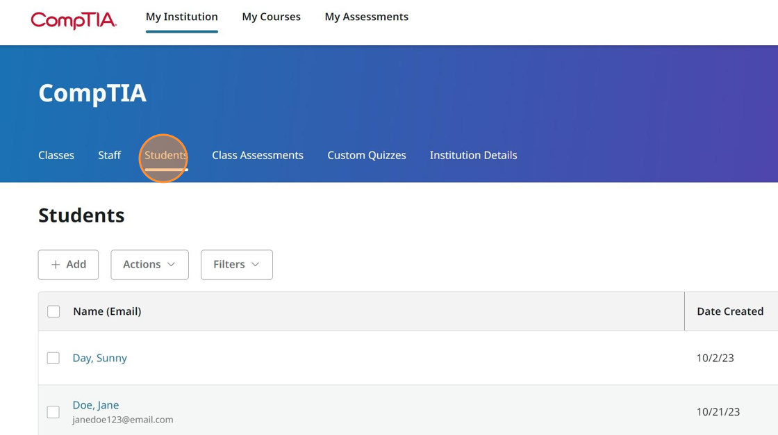 Screenshot showing Students link.