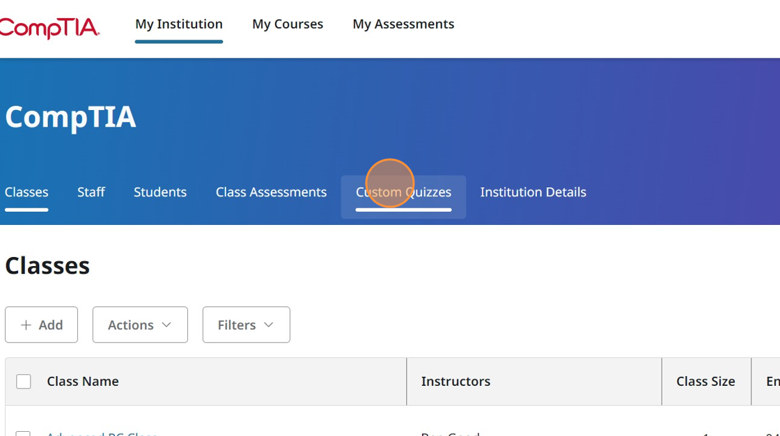Screenshot showing Custom Quizzes tab.