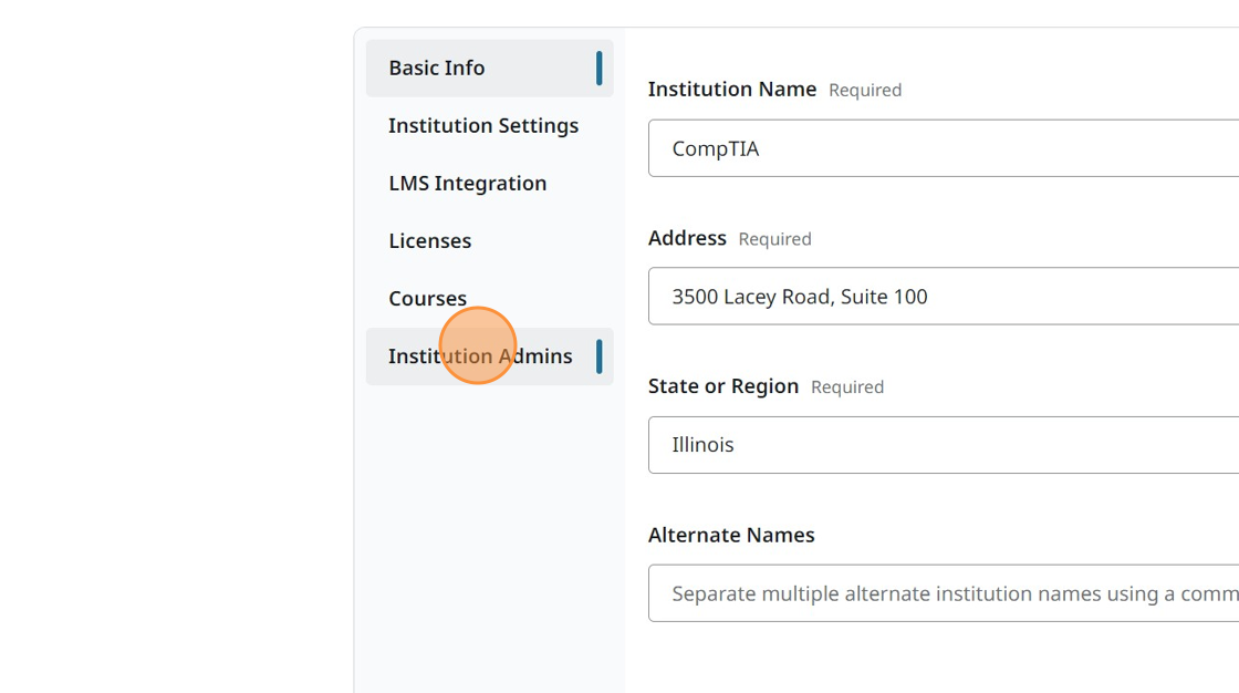 Screenshot showing Institution Admins.