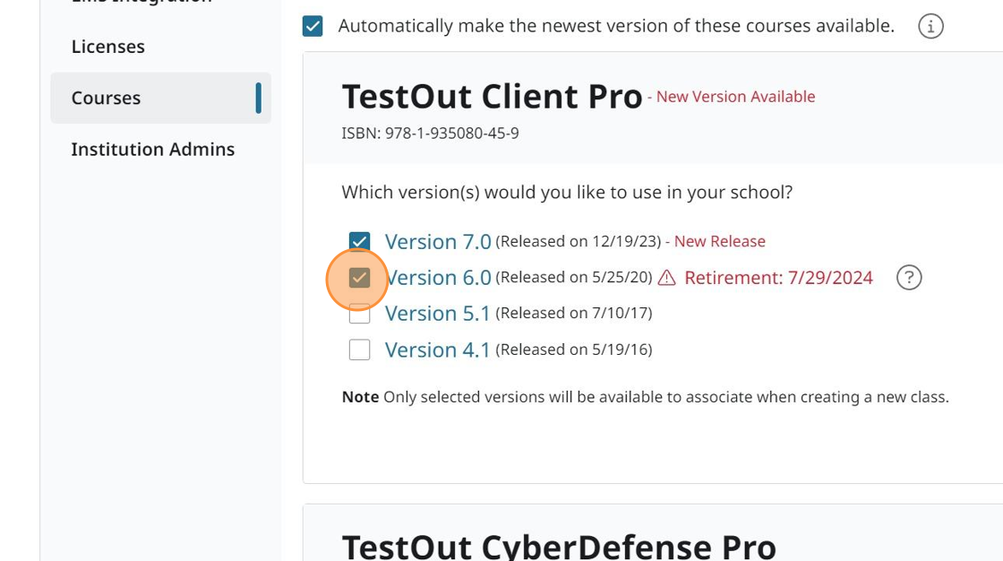 Screenshot showing course versions.