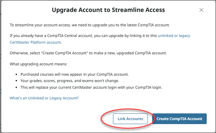 Upgrade Account to Streamline Access pop-up showing Link Accounts